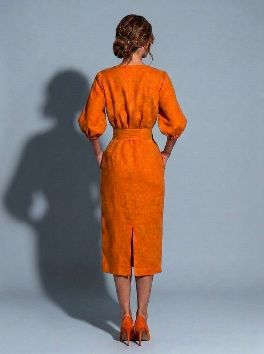 Orange Midi Dress Boat Neck Balloon Sleeve High Waist