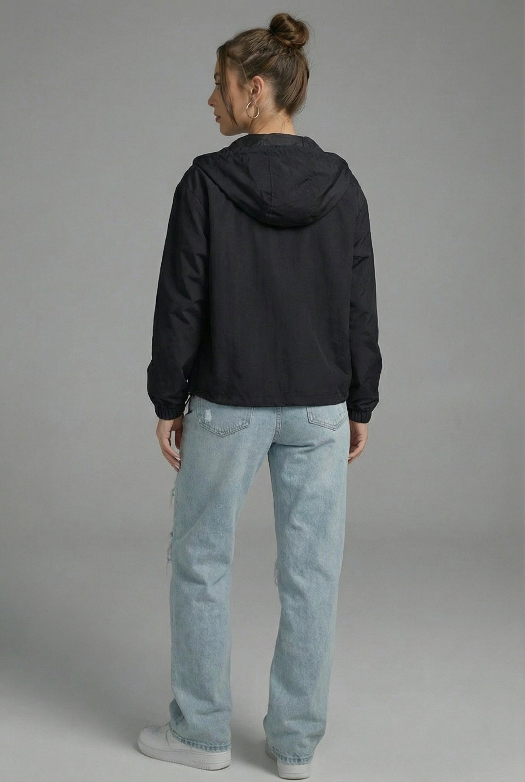 Women’s Black Cropped Spring Jacket Lightweight Hooded Casual Outerwear
