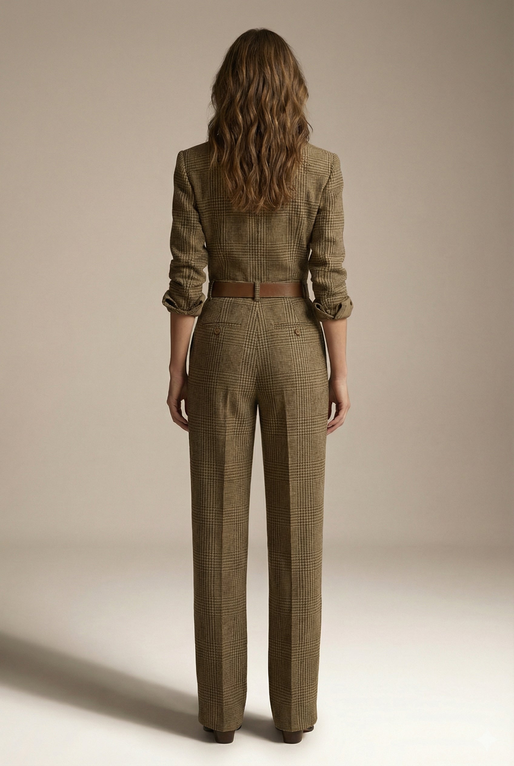 Women’s Brown Tweed Check Wide-Leg Utility Jumpsuit - Business Wear