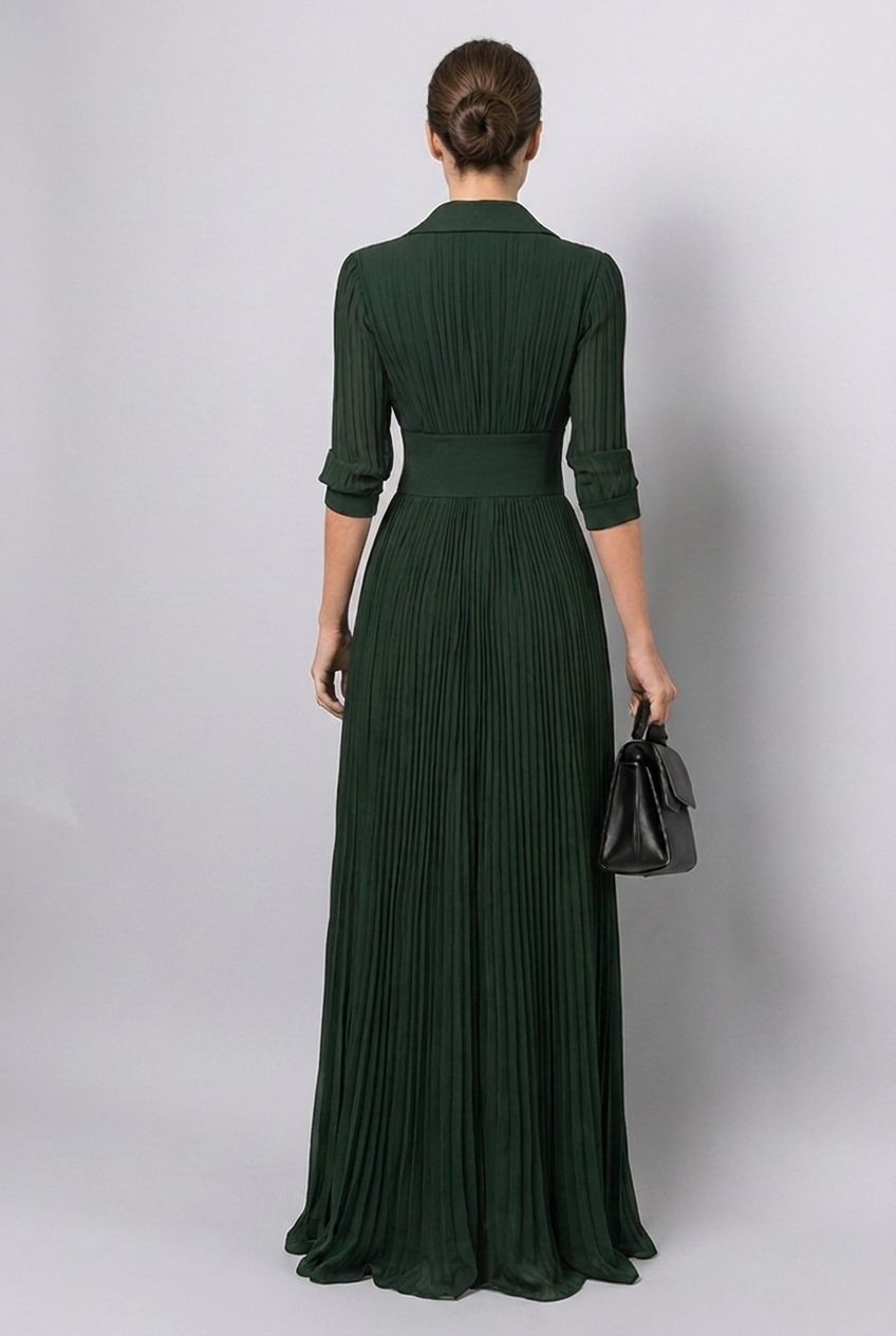 Dark Green Corset Waist Long Sleeve Pleated Maxi Dress