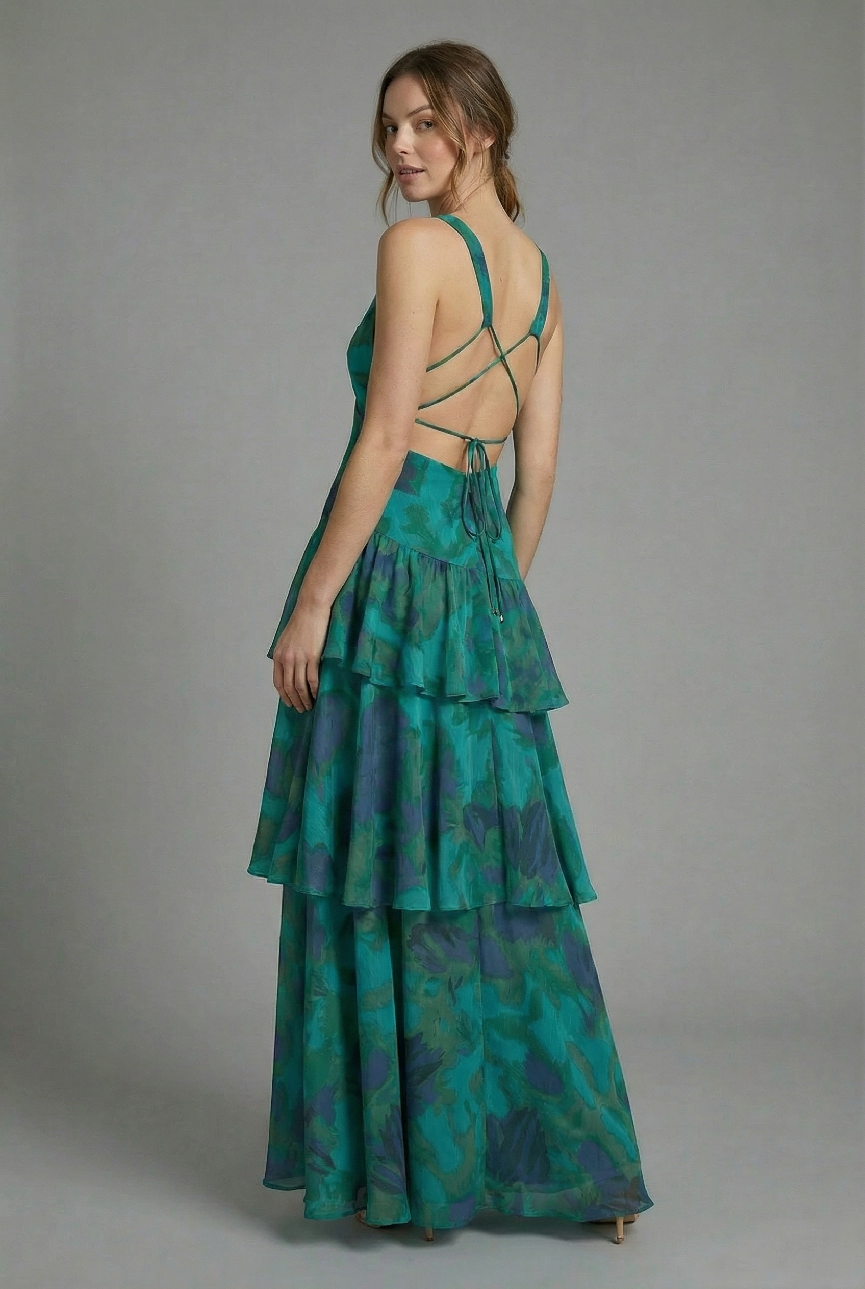 Women's Elegant Tiered Deep V-neckline Maxi Dress