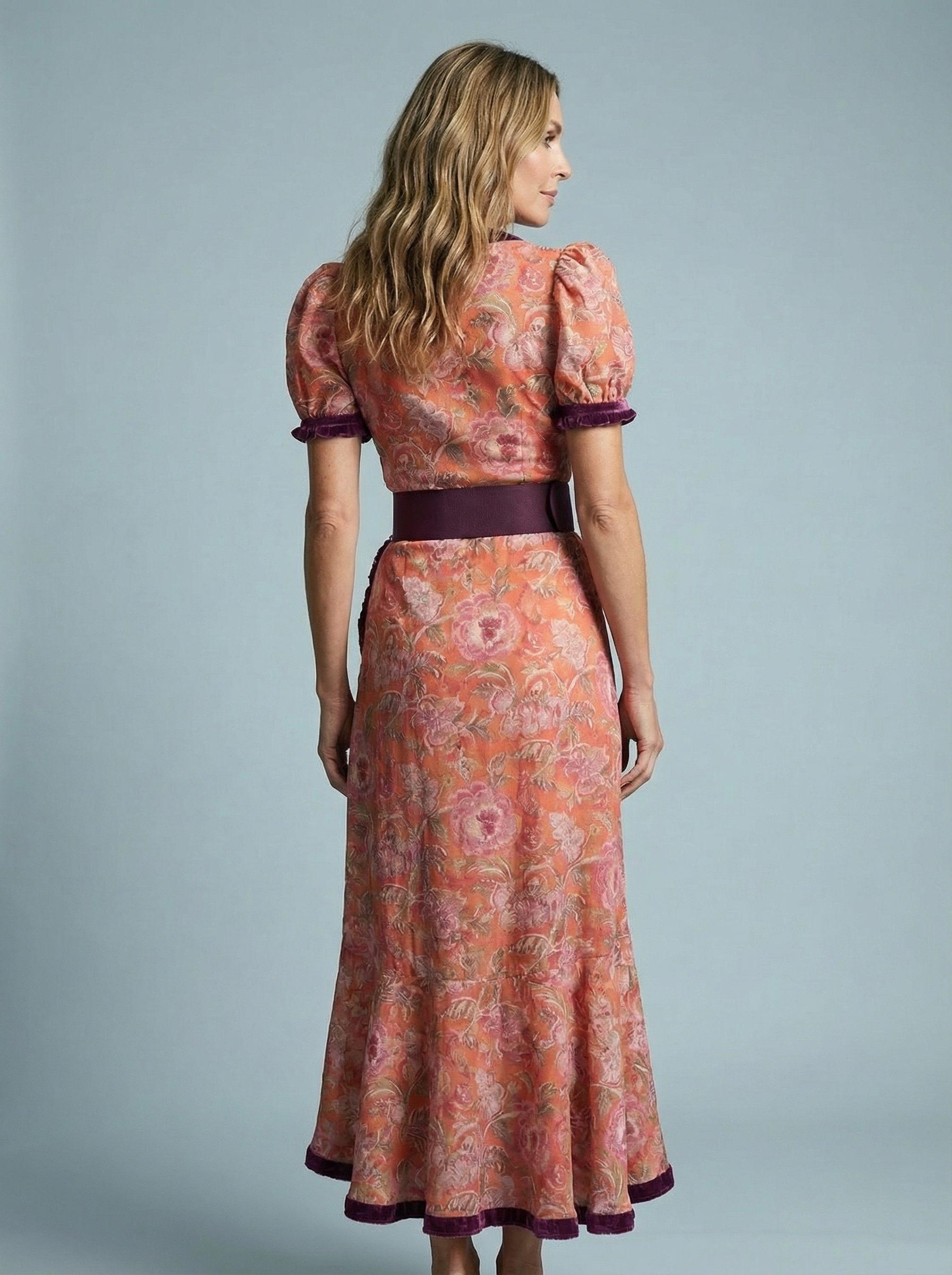 Women’s Belted Elegant  Pink A-Line Midi Dress Puff Sleeves