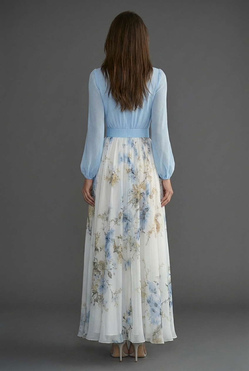 Women’s Elegant Ascot Floral Chiffon Style White Maxi Dress