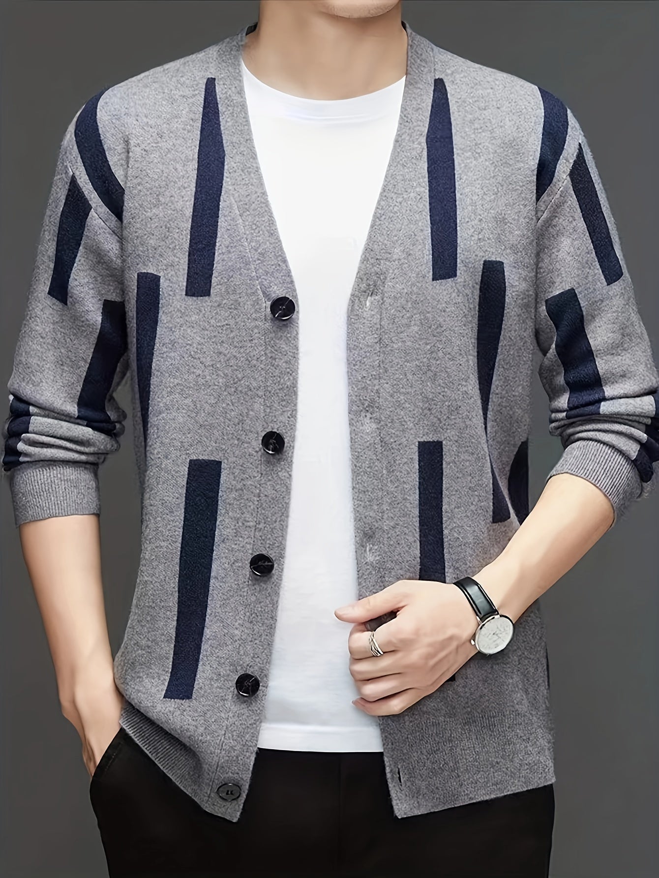 [2024 Men's V-Neck Sweater] 2024 Men's Casual V-Neck Cardigan Sweater | Striped Button-Front Design, Stretchy Knit Fabric, All-Season Comfort, Regular Fit Long Sleeve | Vneck Design, Durable Comfort, Textured Knitwear