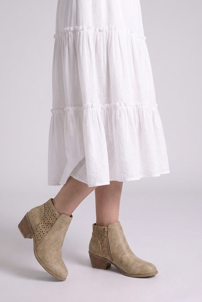 Perforated Zip Side Block Heel Ankle Boots Women