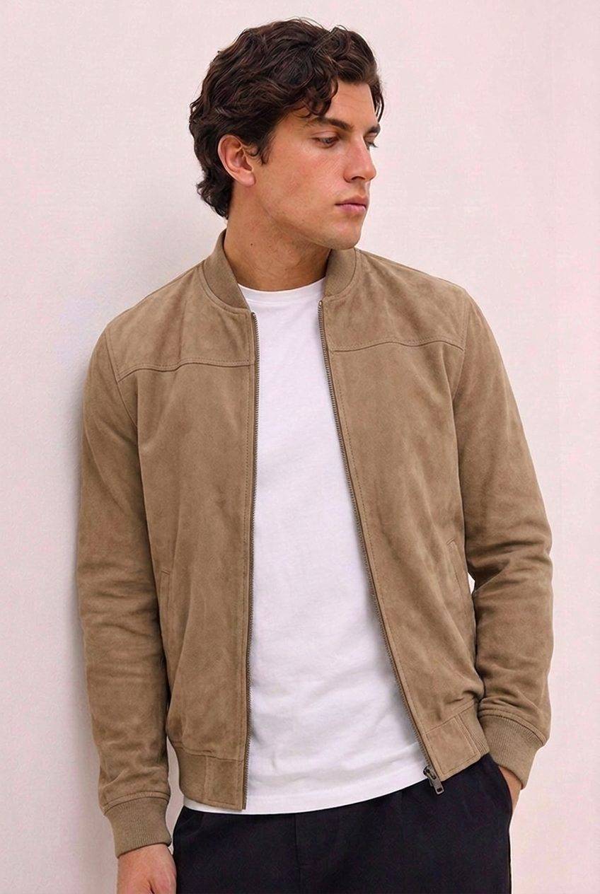 Suede Style Zip Front Ribbed Bomber Jacket Men
