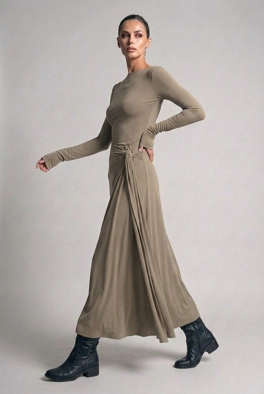 Boat Neck Long Sleeve Twist Front Maxi Occasion Dress