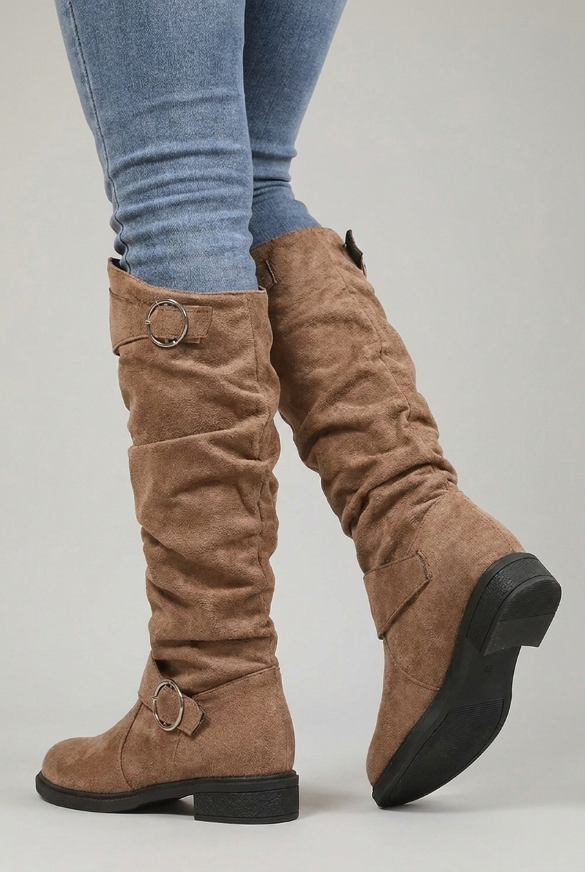 Slouchy Buckle Block Heel Knee High Boots Women
