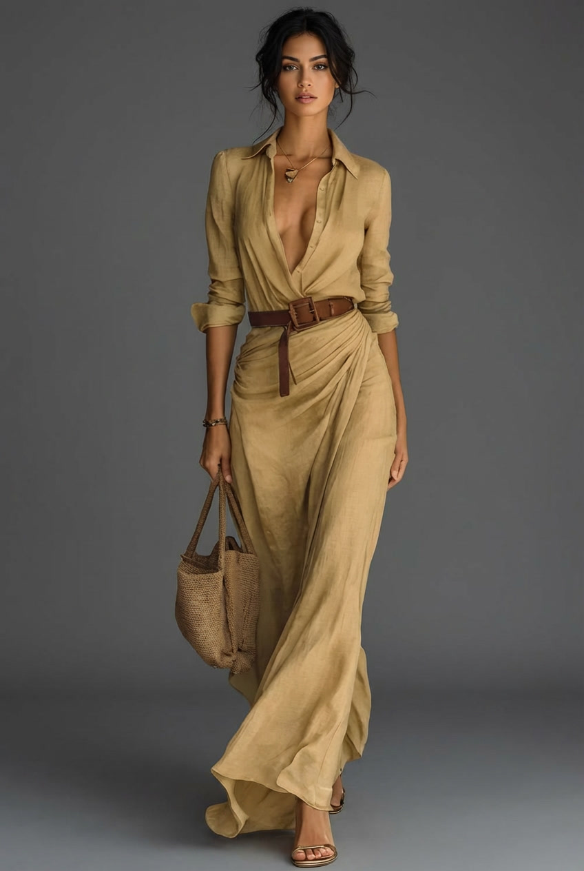 Linen Style Wrap Long Sleeve Summer Maxi Dress