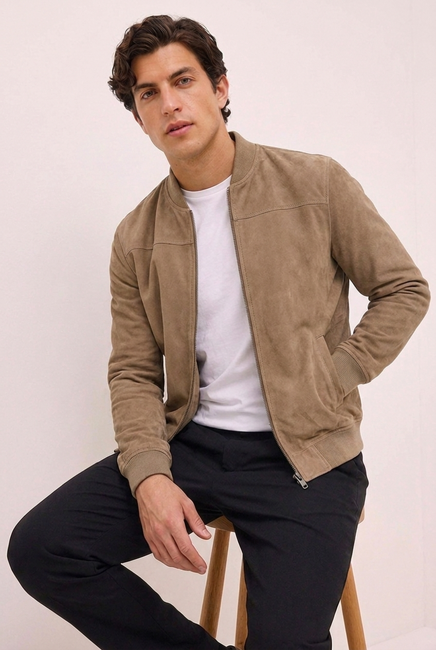 Suede Style Zip Front Ribbed Bomber Jacket Men