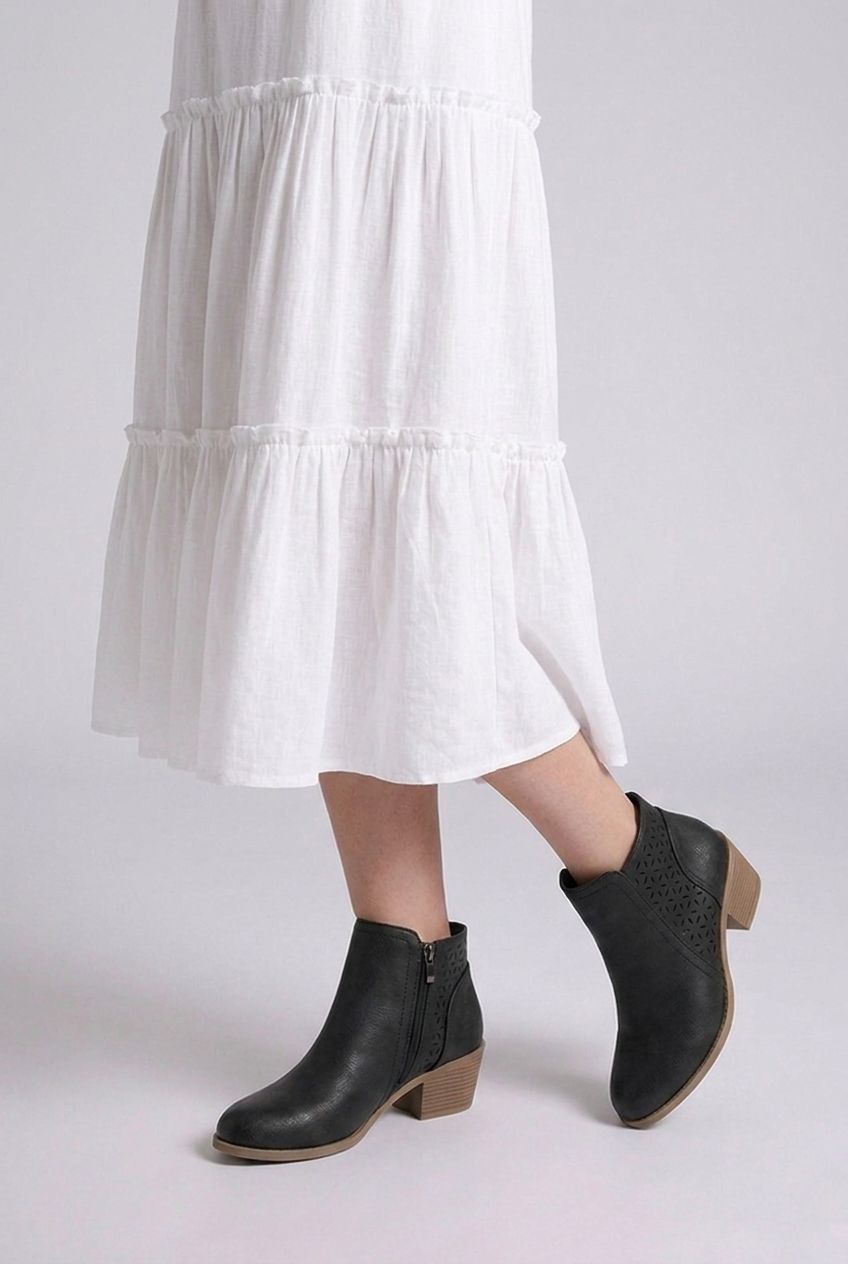 Perforated Zip Side Block Heel Ankle Boots Women