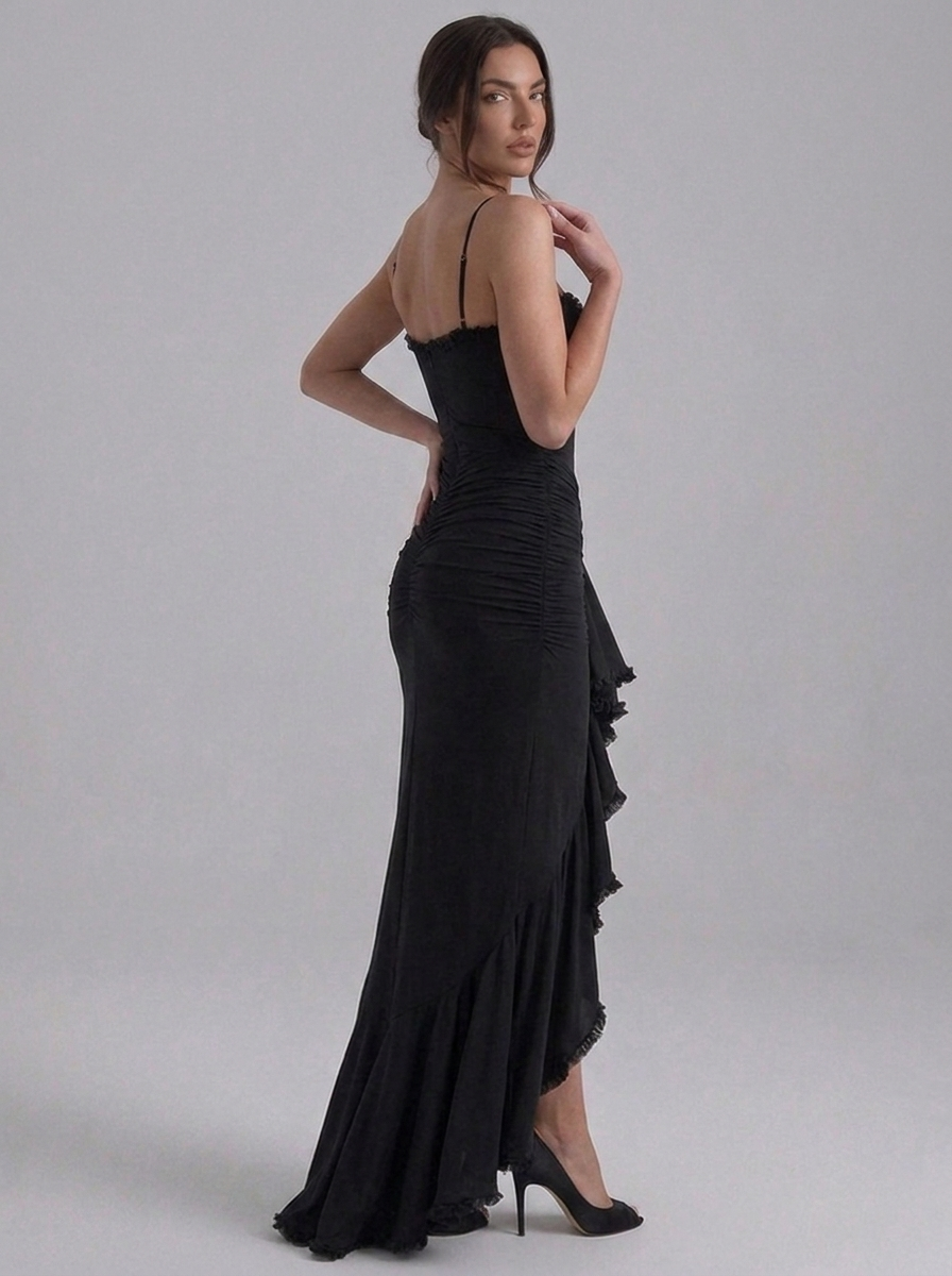 Strappy Ruched Ruffle Split Occasion Maxi Dress