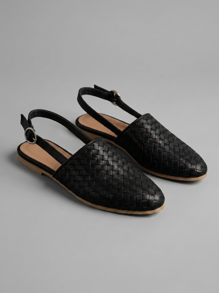 Woven Slingback Mule Flats – Closed Toe Buckle Strap