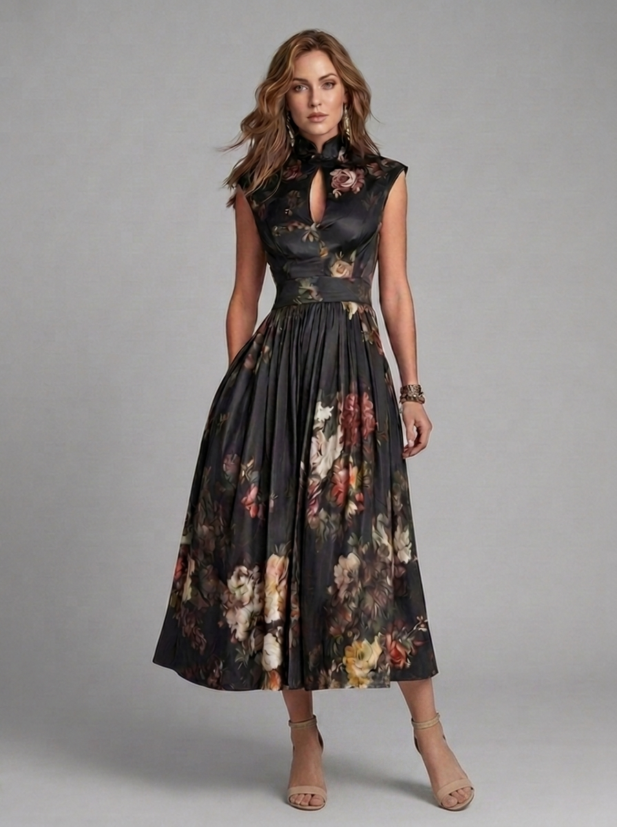 Floral High Neck Pleated Midi Wedding Guest Dress