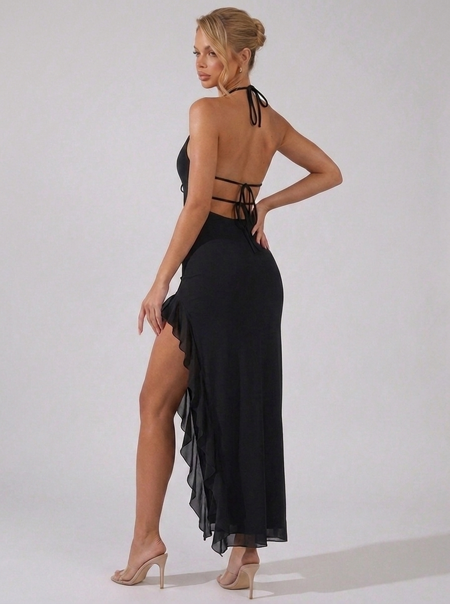 Halter Backless Ruffle Split Chiffon Style Maxi Dress