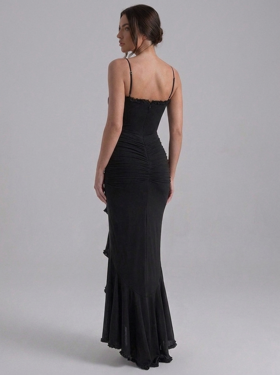 Strappy Ruched Ruffle Split Occasion Maxi Dress