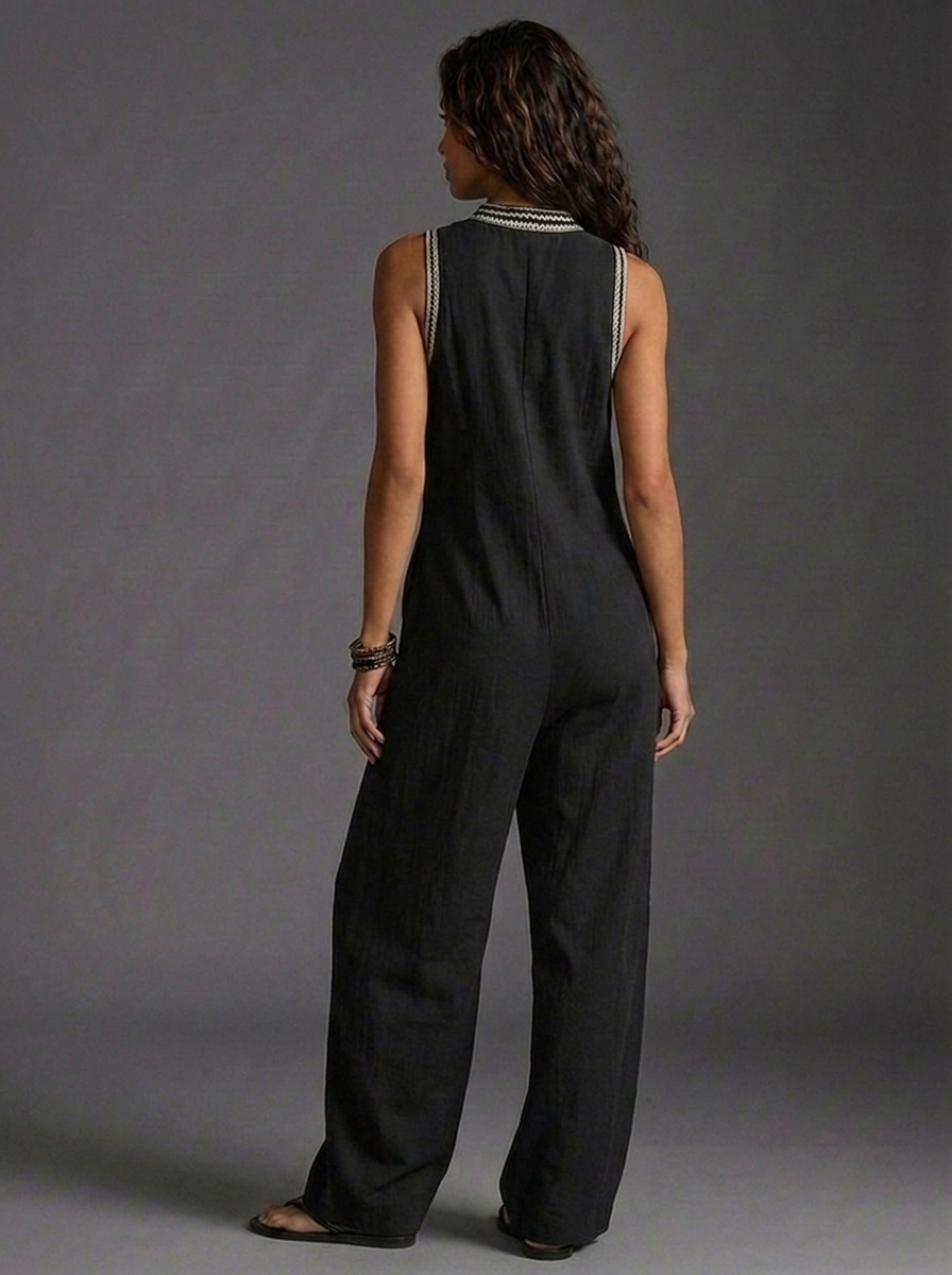 Sleeveless Embroidered V-Neck Wide Leg Boho Jumpsuit