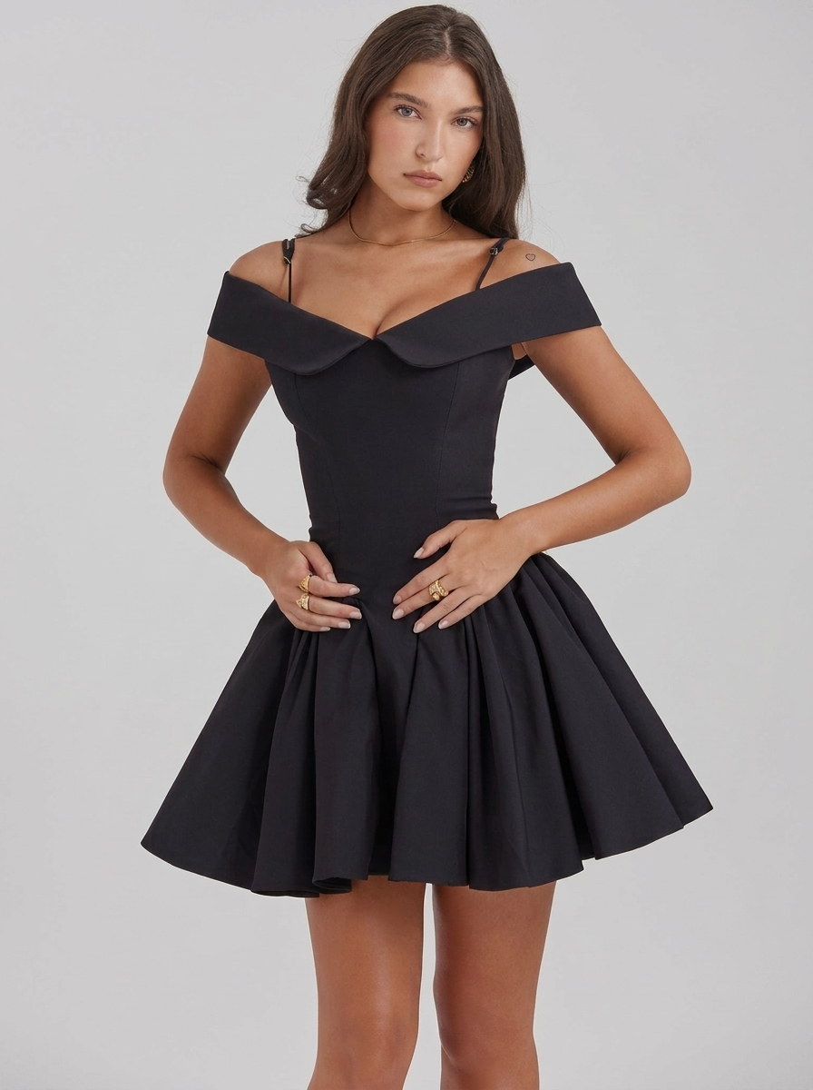 Off Shoulder Puffball Full Skirt Mini Dress