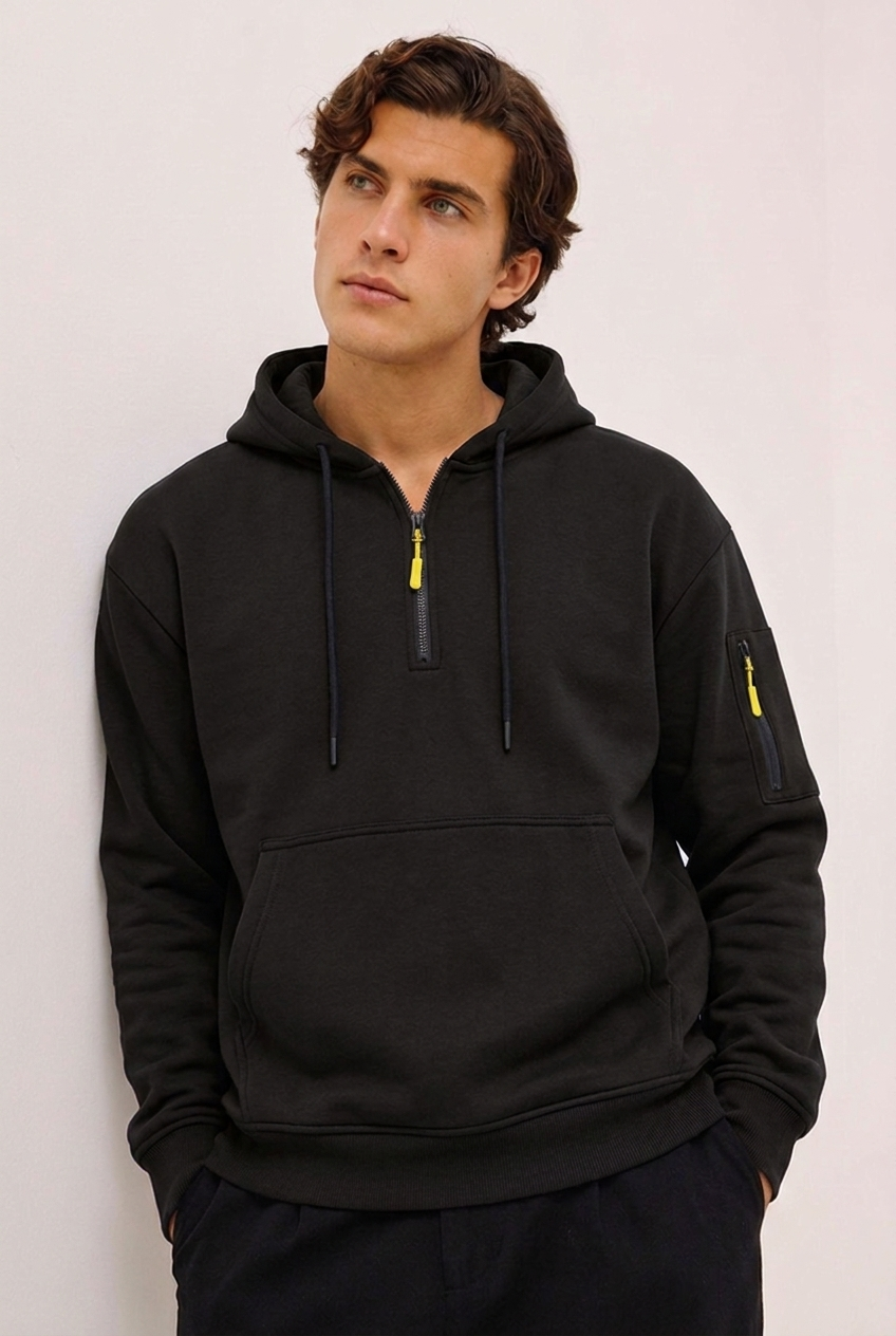 Quarter Zip Hooded Sweatshirt With Pocket Men