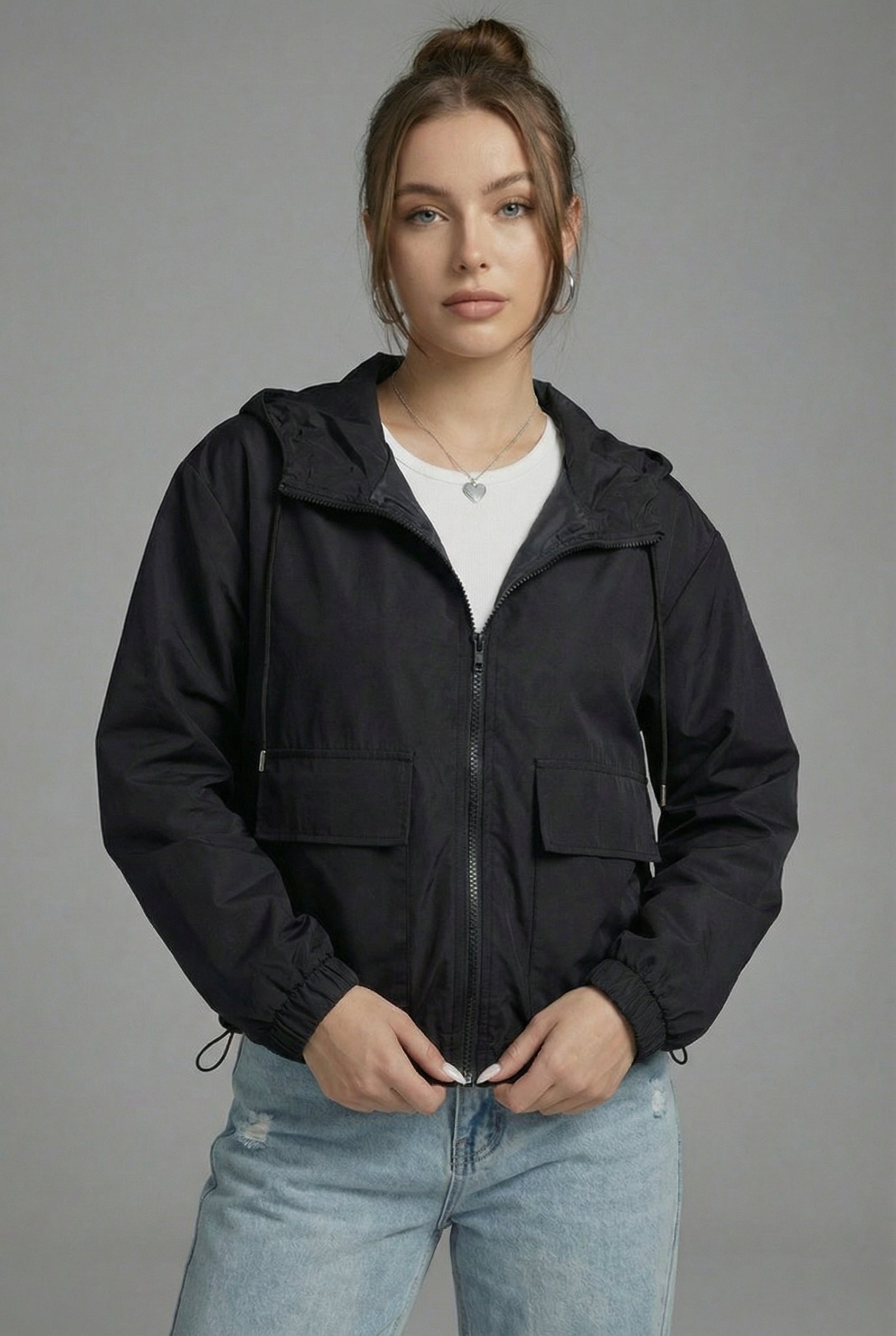 Women’s Black Cropped Spring Jacket Lightweight Hooded Casual Outerwear