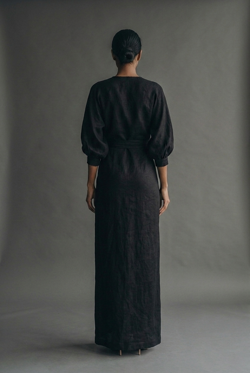 Linen Style Maxi Dress V-Neck Batwing Sleeve Twist Front Wrap