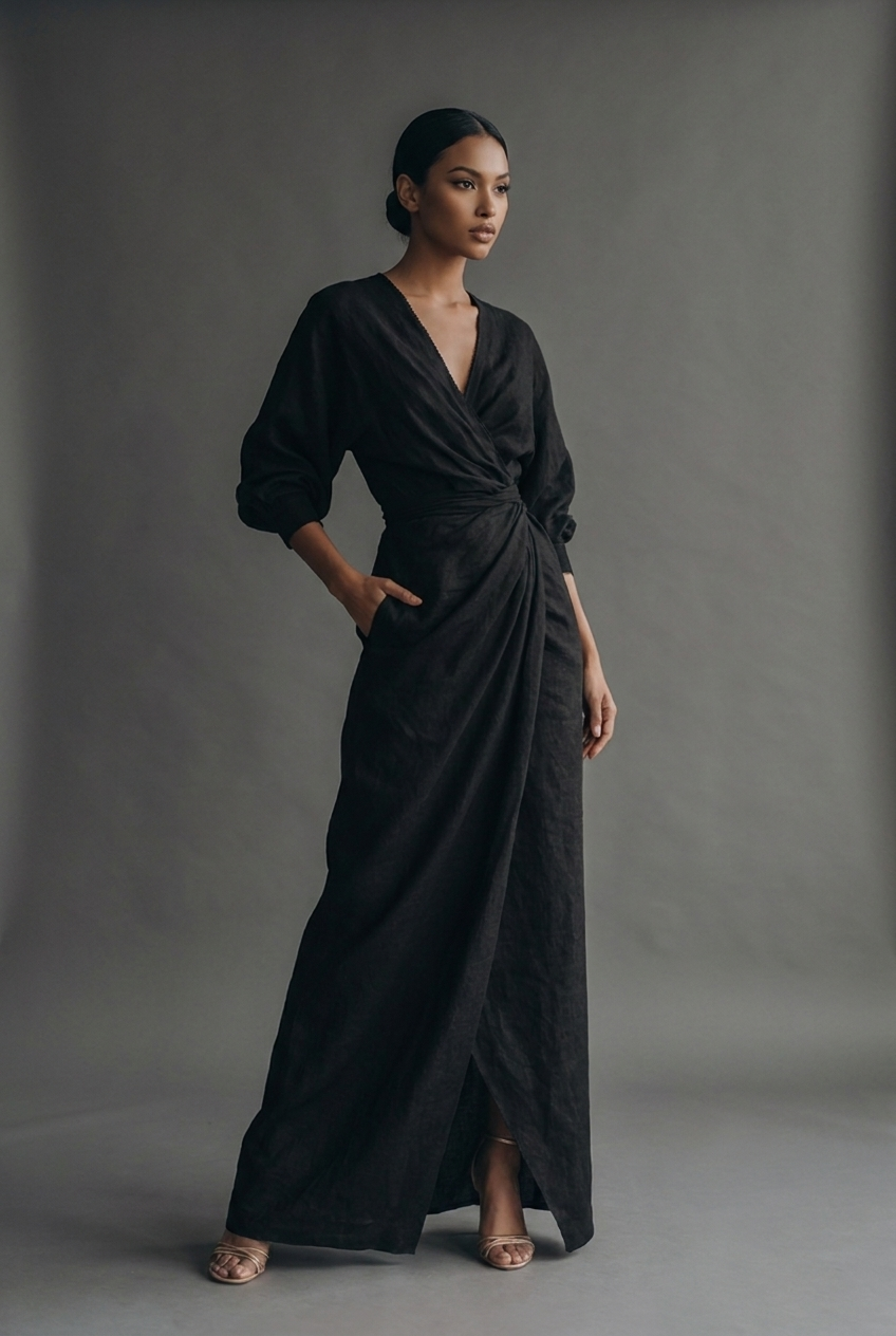 Linen Style Maxi Dress V-Neck Batwing Sleeve Twist Front Wrap