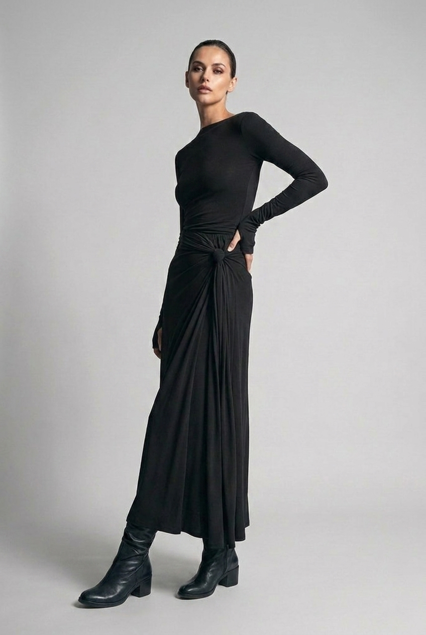 Boat Neck Long Sleeve Twist Front Maxi Occasion Dress