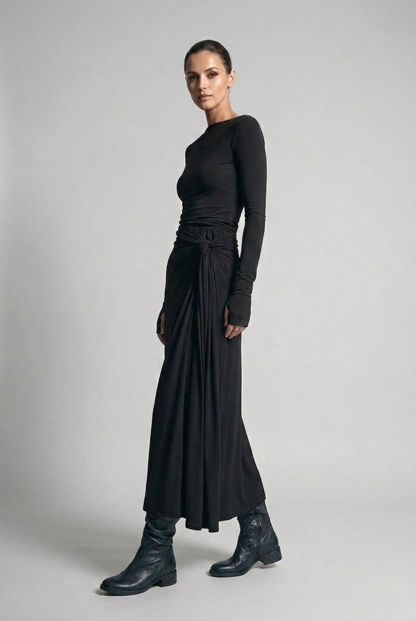 Boat Neck Long Sleeve Twist Front Maxi Occasion Dress