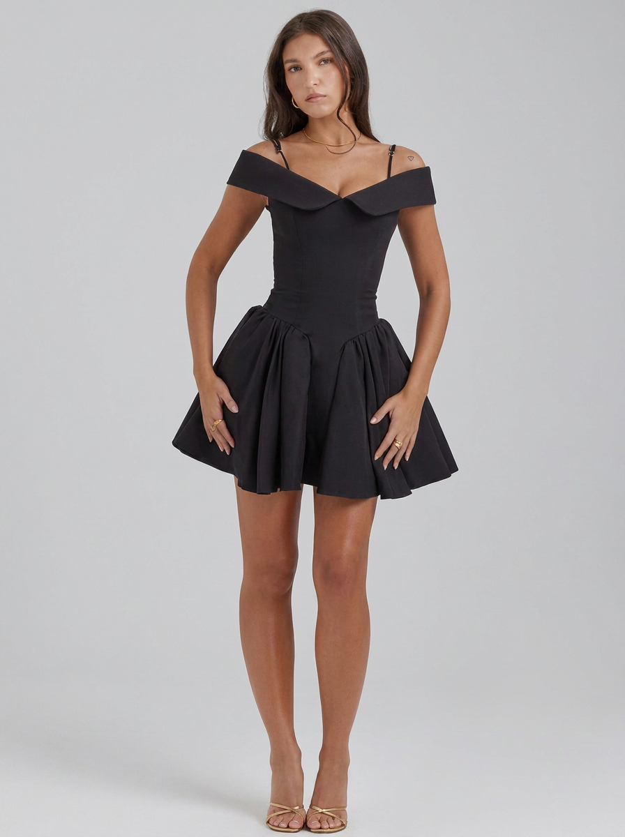 Off Shoulder Puffball Full Skirt Mini Dress