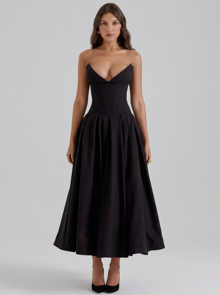 Strapless Corset Pleated Flared Midi Dress