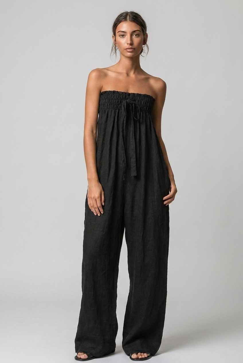 Strapless Bandeau Linen Style Wide Leg Jumpsuit Women