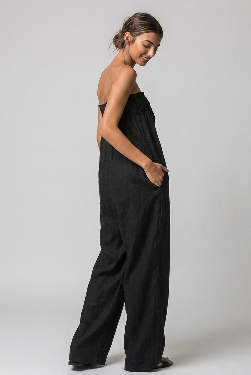 Strapless Bandeau Linen Style Wide Leg Jumpsuit Women