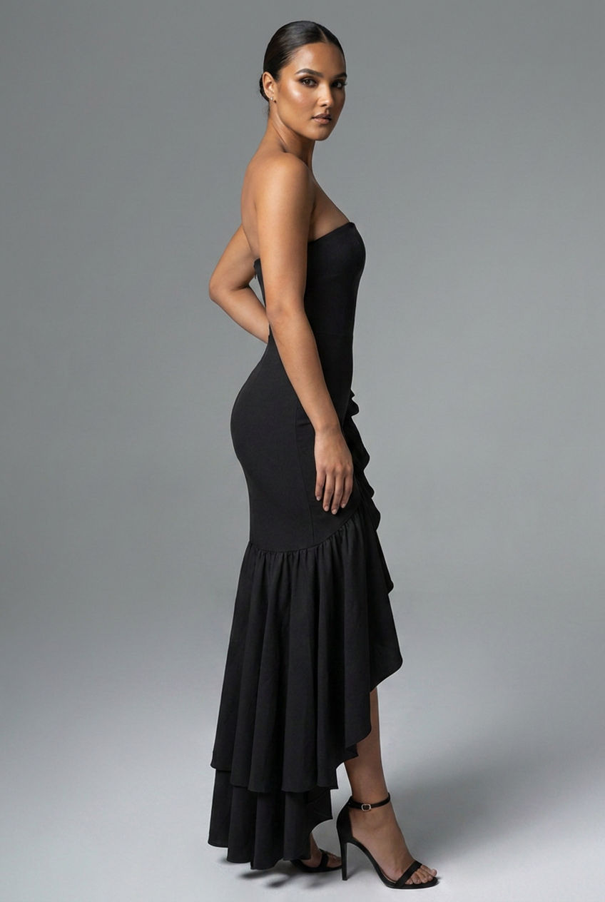 Strapless Bodycon Ruffle Hem Fishtail Maxi Cocktail Dress
