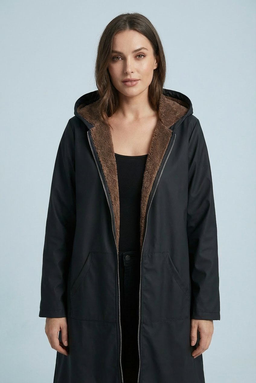 Women’s Elegant Warm Winter Black Plush-Lined Hooded Long Coat