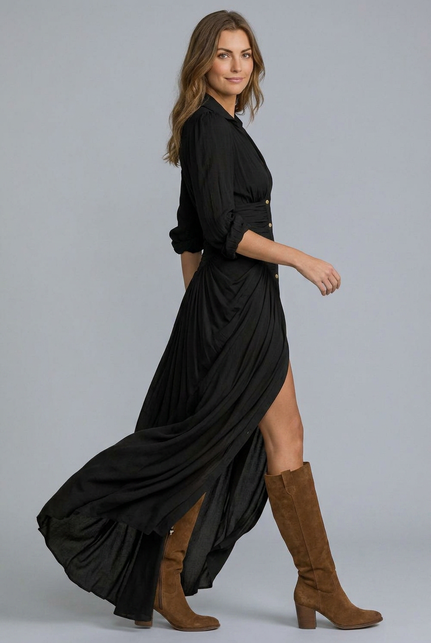 Collared Button Down Boho Western Split Maxi Dress