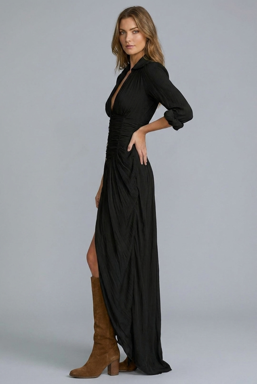 Collared Button Down Boho Western Split Maxi Dress