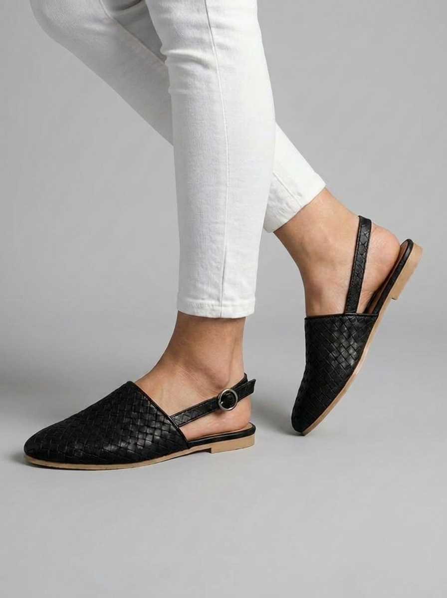 Woven Slingback Mule Flats – Closed Toe Buckle Strap