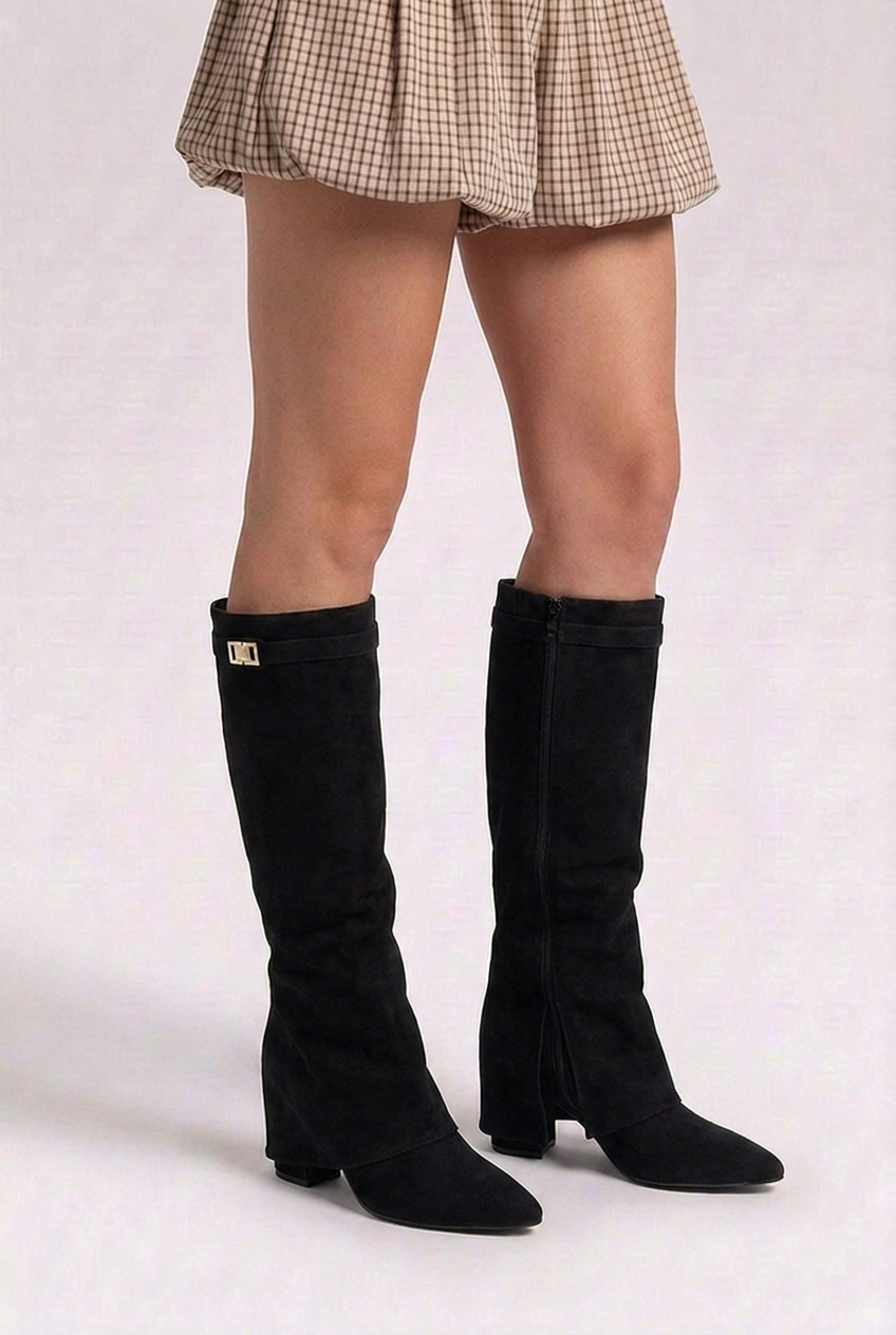 Block Heel Pointed Toe Slouchy Knee High Boots Women
