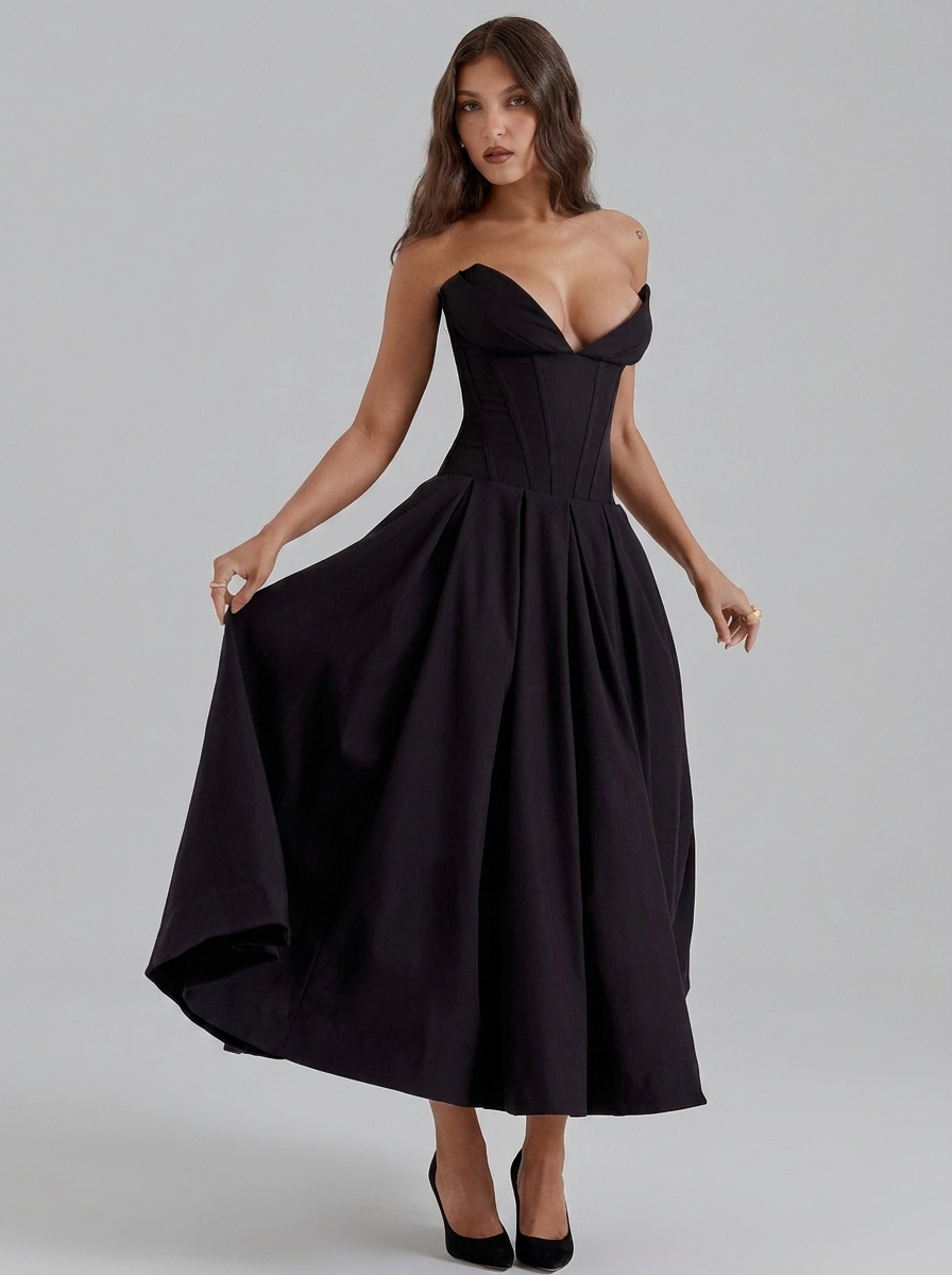 Strapless Corset Pleated Flared Midi Dress