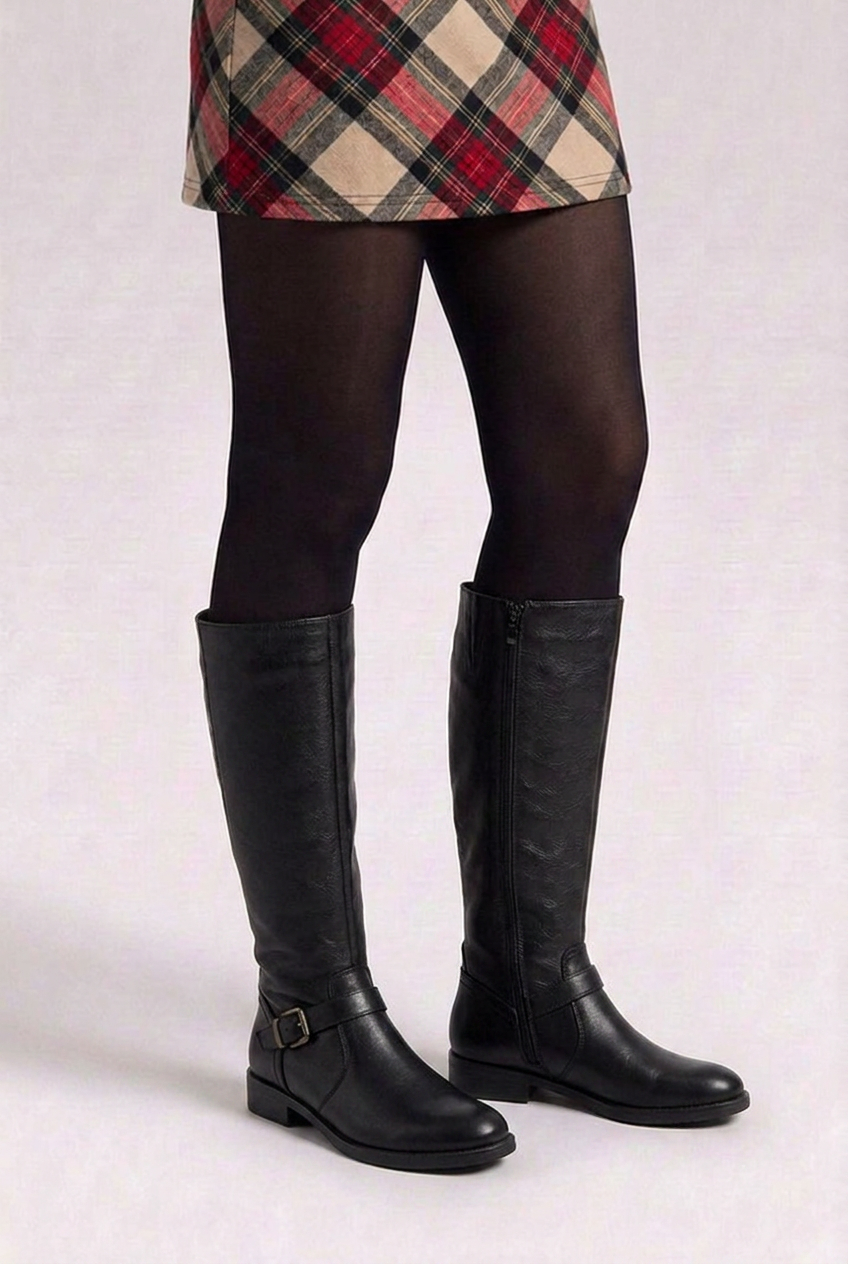 Buckle Strap Block Heel Knee High Boots Women