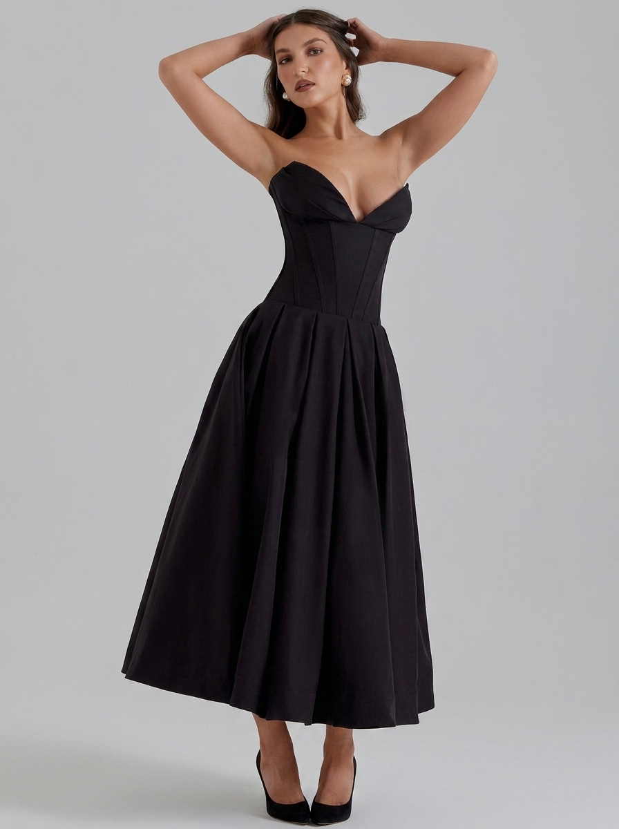 Strapless Corset Pleated Flared Midi Dress