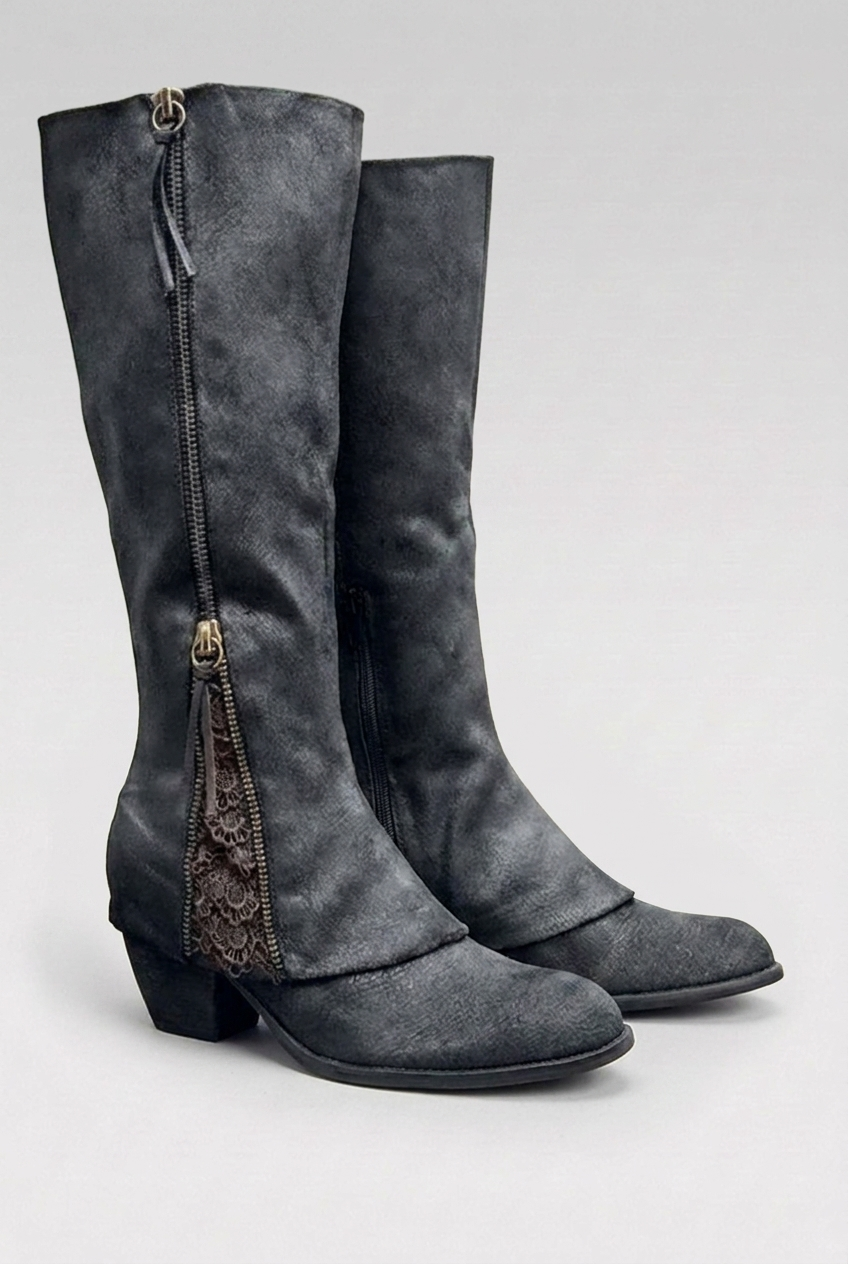 Zip Front Lace Trim Knee High Boots Women