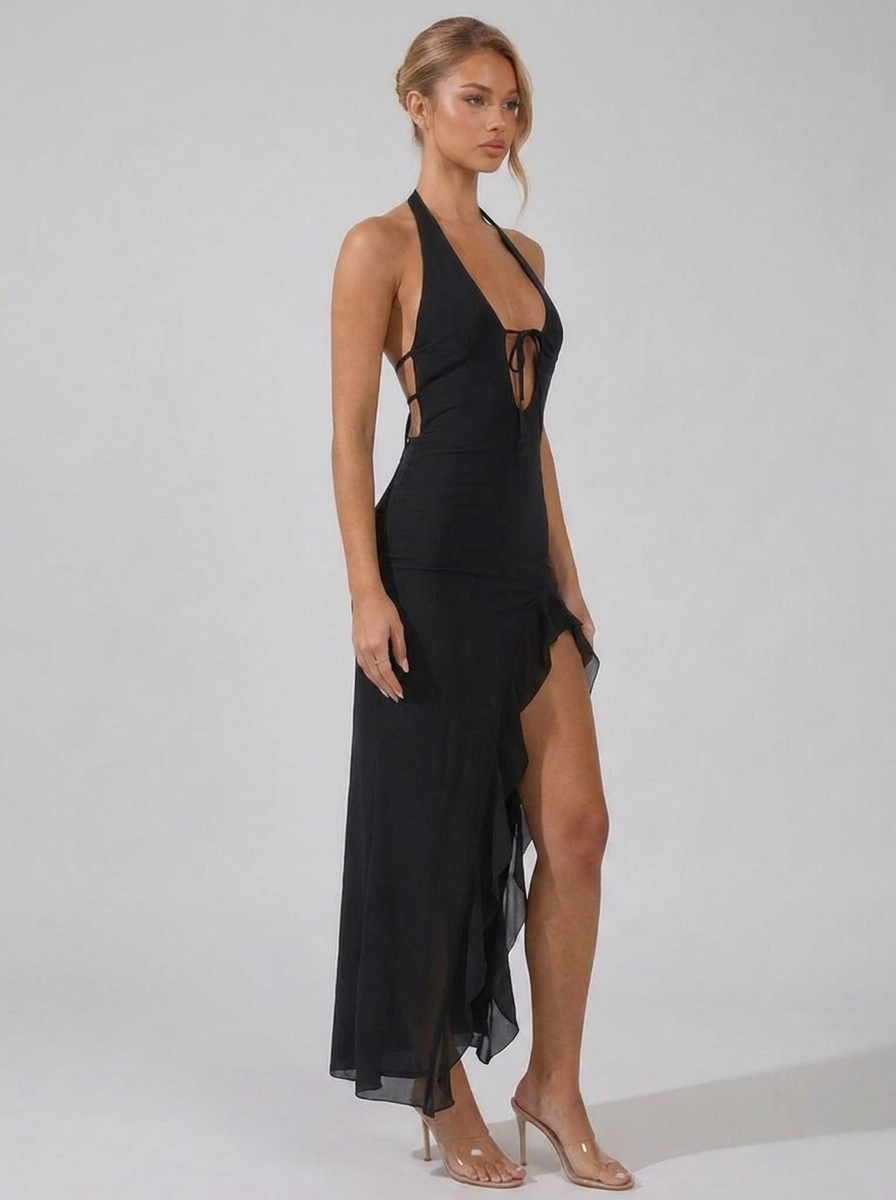 Halter Backless Ruffle Split Chiffon Style Maxi Dress