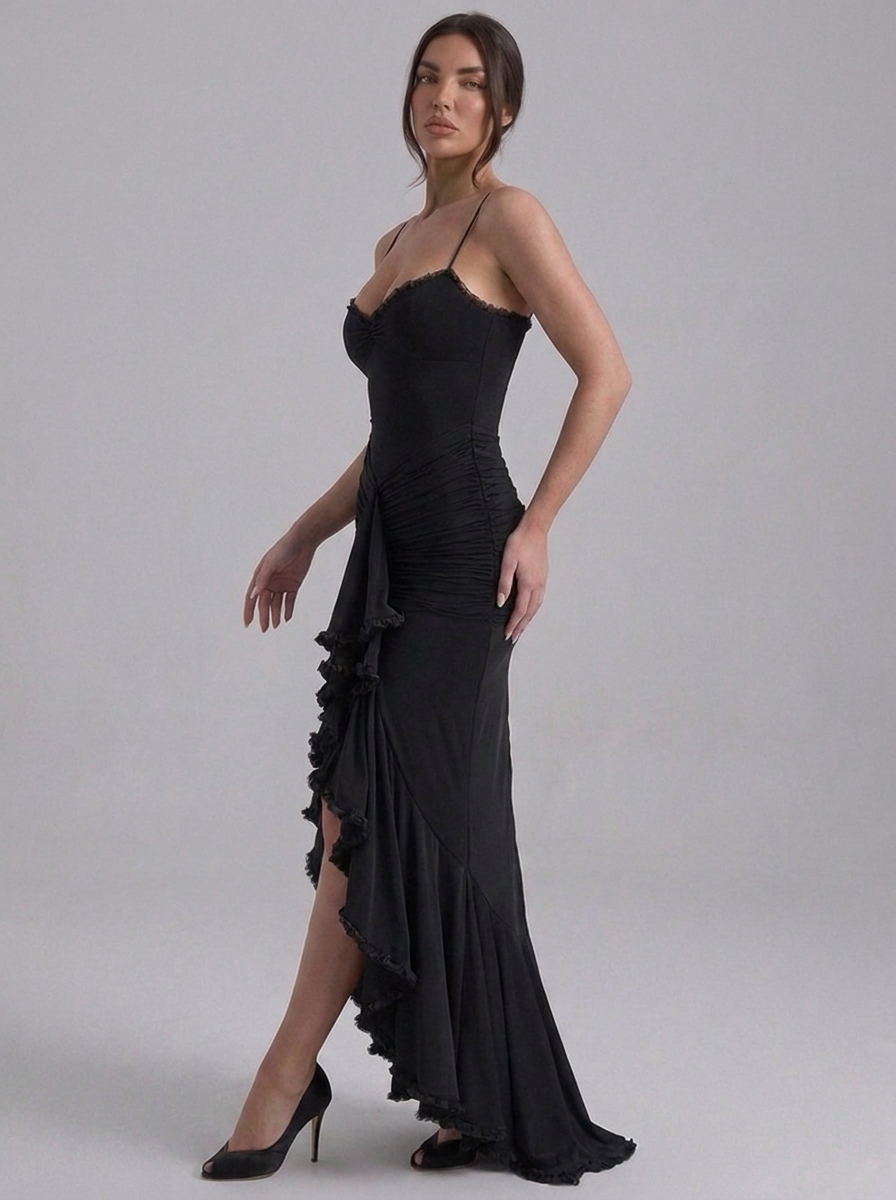 Strappy Ruched Ruffle Split Occasion Maxi Dress