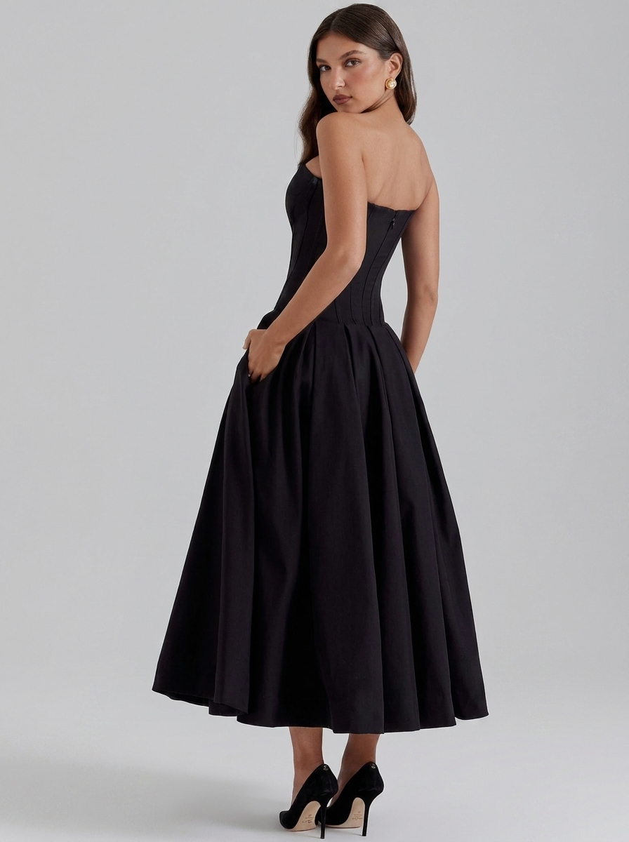 Strapless Corset Pleated Flared Midi Dress