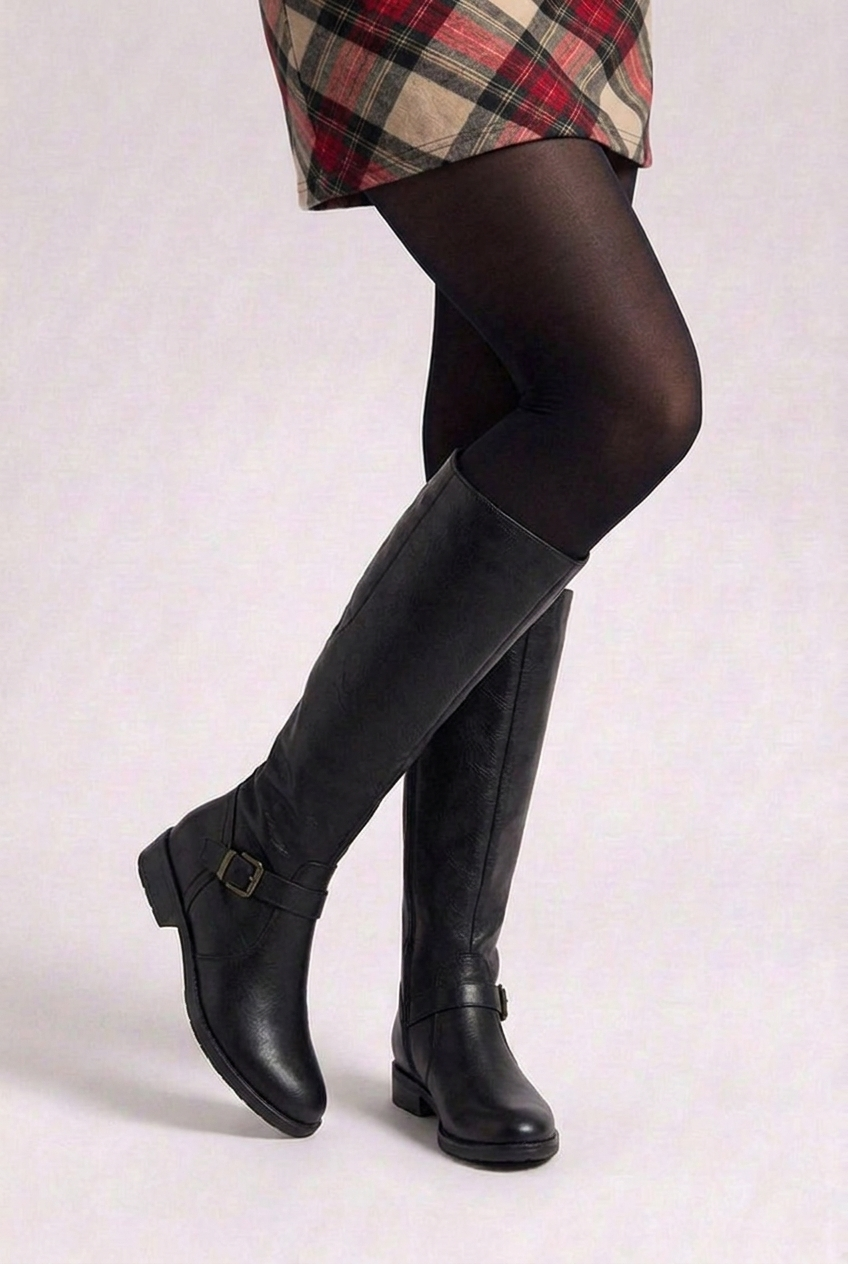Buckle Strap Block Heel Knee High Boots Women
