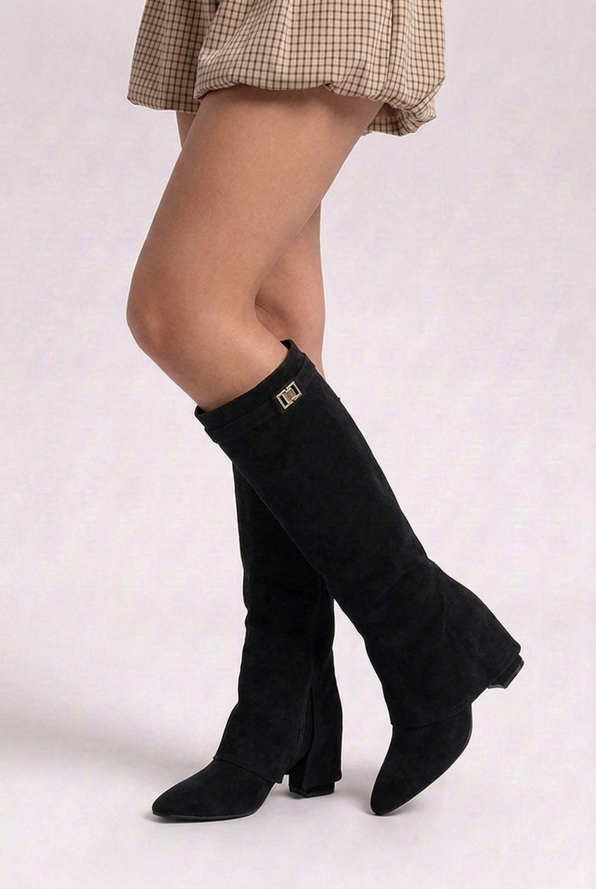 Block Heel Pointed Toe Slouchy Knee High Boots Women