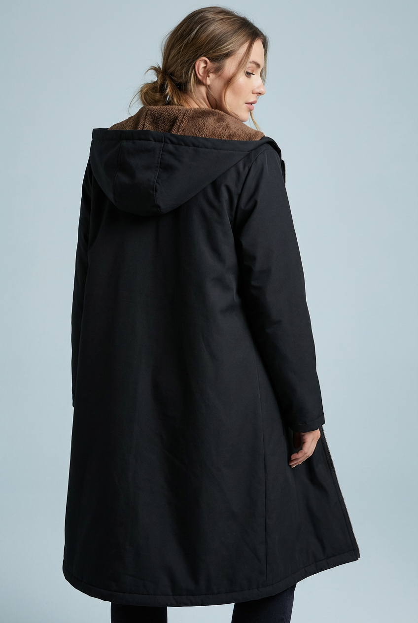 Women’s Elegant Warm Winter Black Plush-Lined Hooded Long Coat