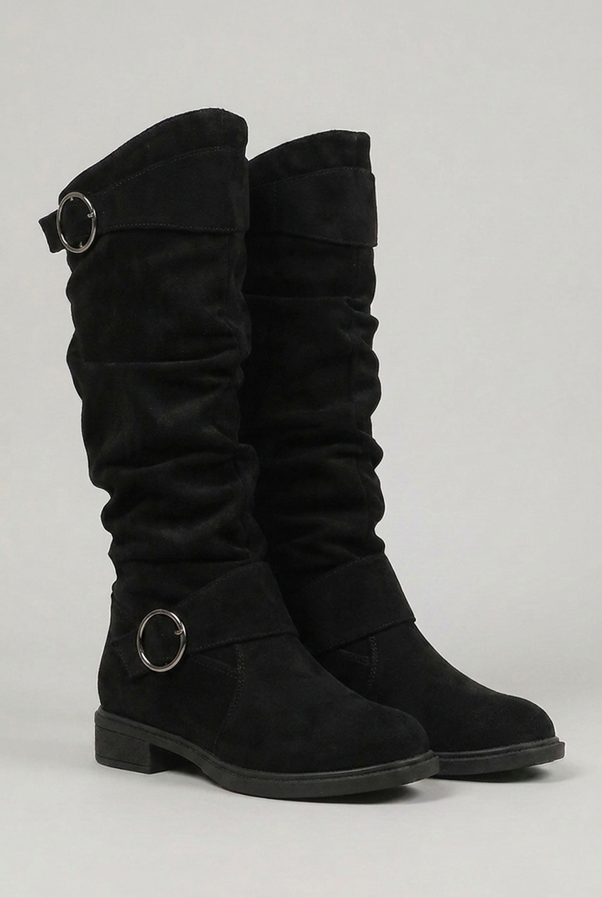 Slouchy Buckle Block Heel Knee High Boots Women