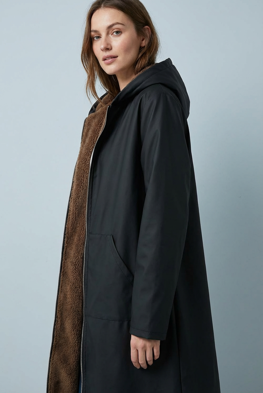 Women’s Elegant Warm Winter Black Plush-Lined Hooded Long Coat
